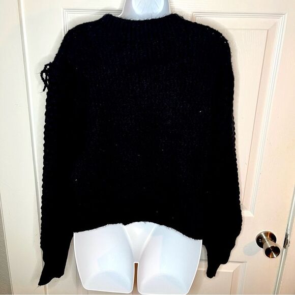 Treasure & Bond Mixed Stitch Balloon Sleeve Fringe Sweater Black Crew S NWT - Picture 8 of 12